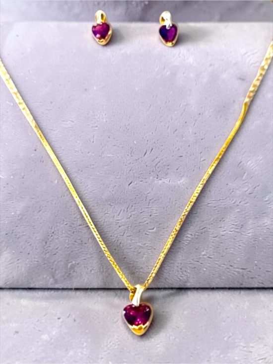 Source Unknown Jewelry - 10kt Gold Amethyst Heart Pendant Necklace and Stud Earrings Set With Appraisal